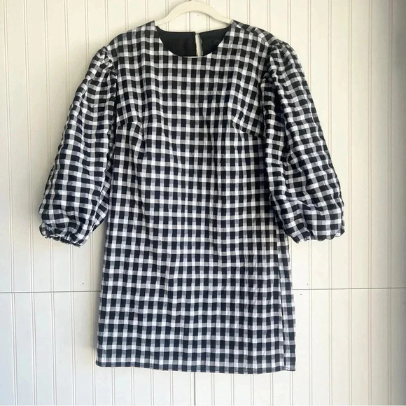 J. Crew Size XS Black and White Puff-Sleeve Mini Dress in Textured Plaid NEW! - Picture 5 of 10